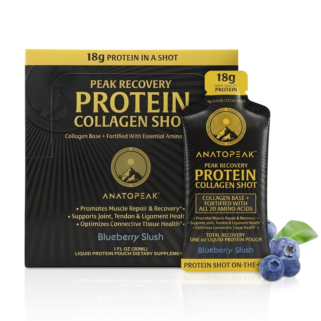 Peak Recovery Protein Collagen 1oz Shot Easy Protein Shots Protein Shots Liquid Collagen Collagen Peptides Protein Drinks 24 Ct Pouches Per Box (Natural Blueberry)