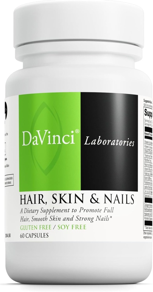 DaVinci Labs Hair, Skin & Nails - Συμπλήρωμα διατροφής για την υποστήριξη του απαλού, υγιεινού δέρματος, των ισχυρών νυχιών και της υγείας των μαλλιών* - Με βιταμίνη C και D3, Ορυκτά, Βιοτίνη, Ψευδάργυρος και Περισσότερα - Χωρίς γλουτένη - 60 κάψουλες