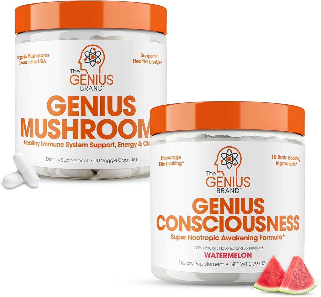 The Genius Brand - Nootropic Supplement Bundle - Mushroom and Consciiousness – Υποστηρίζει το ανοσοποιητικό σύστημα, Focus, Energy and Brain Booster