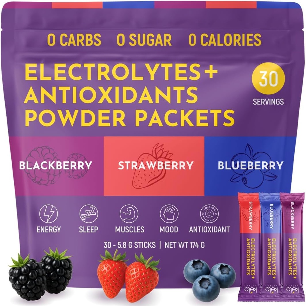 Keto Vitals Berry Electrolytes Powder Packets No Sugar | Keto Friendly Electrolytes Travel Packets | Variety Individual Stickpacks | Energy Drink Mix | Zero Calorie | Zero Carb (Berry Assorted, 30)