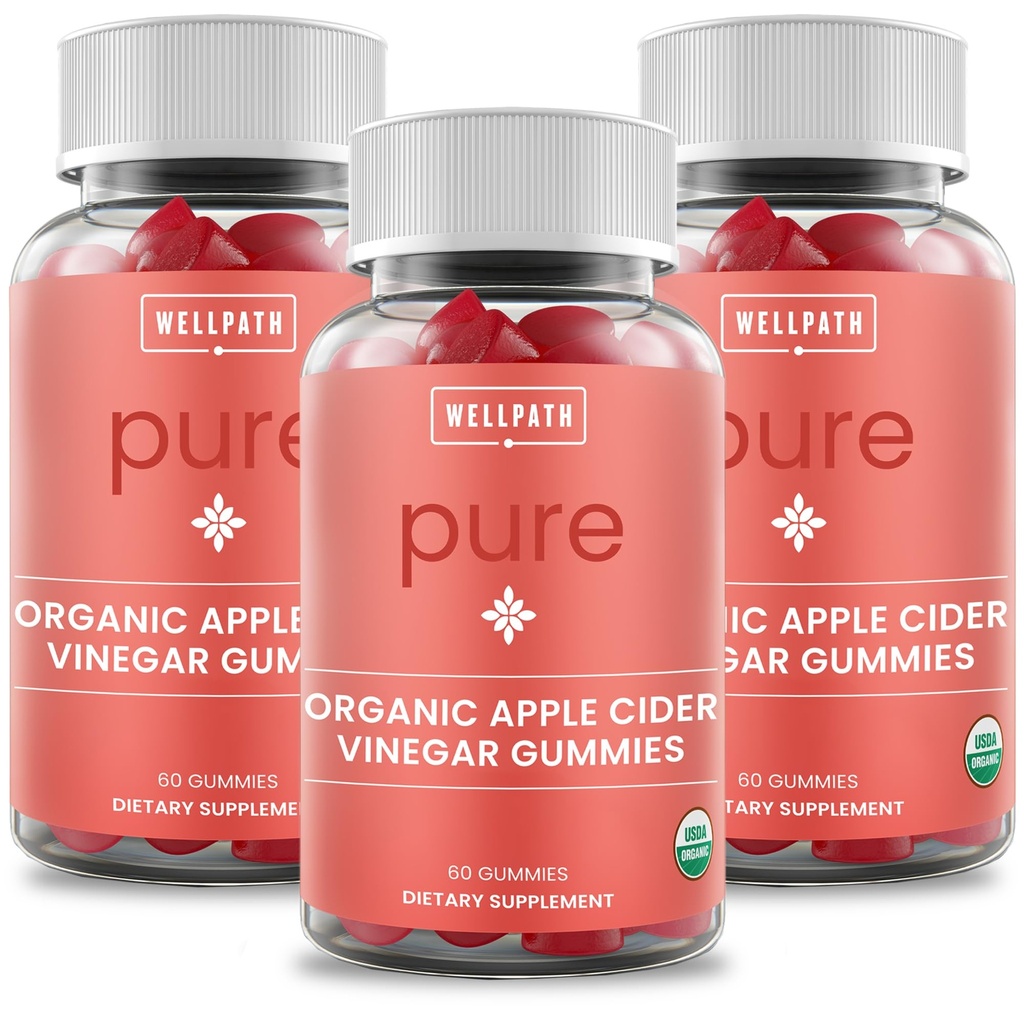 WellPath Organic Apple Cider Vinegar Gummies with The Mother - USDA Organic ACV Gummies with Ginger | Gut Health, Immune Support + Body Cleanse | Apple Flavor | Vegan, Non-GMO, Made in USA, 180 Ct