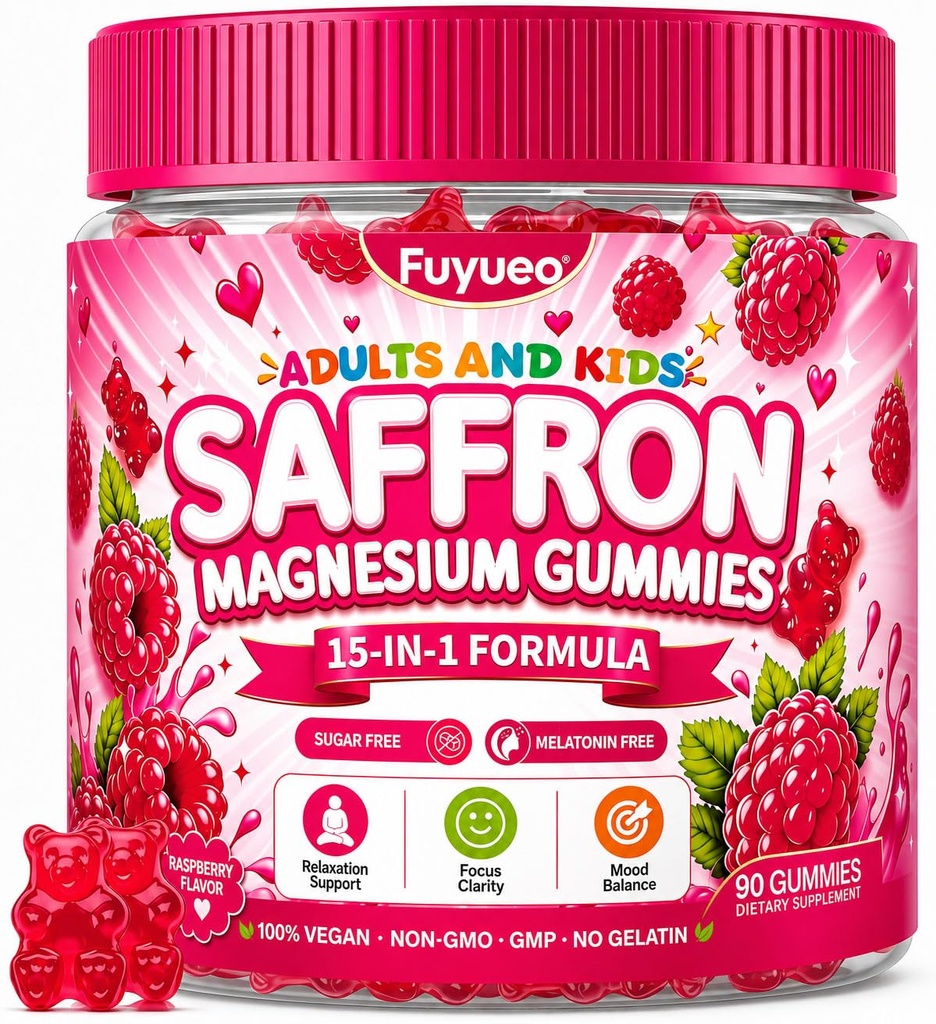 Saffron + Magnesium Glycinate -Calm Mood Focus Gummies for Kids 4+ & Adults | Saffron Extract with Omega-3, L-Theanine, B6, B12, D3 – Happy Mood – Sugar Free, Vegan – 90 Gummies, Raspberry Flavor