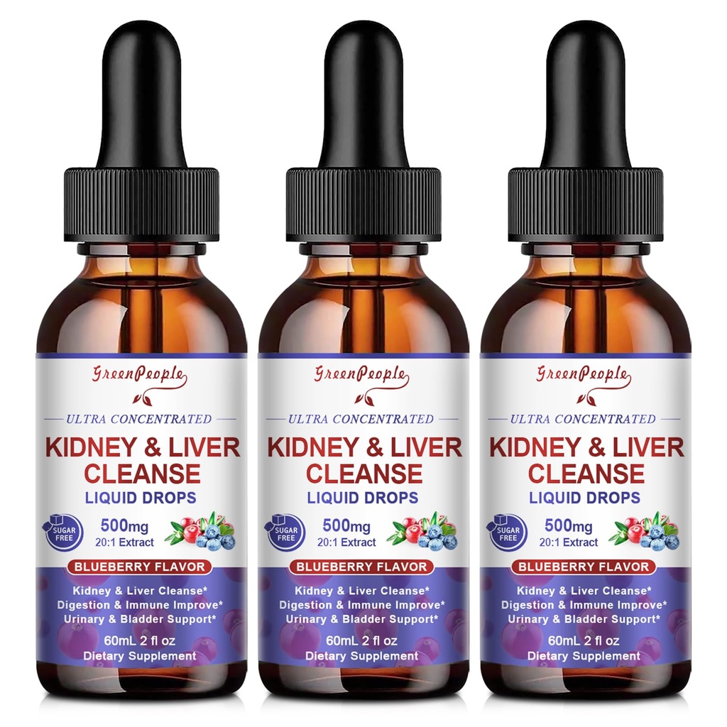 GREENPEOPLE Kidney Cleanse Detox & Repair - 27-In-1 Kidney & Liver Drops with 20:1 Cranberry Extract & Chanca Piedra, Alcohol-Free Supplement for Urinary Tract & Liver Support (2 Oz 3 Pack, Blueberry)