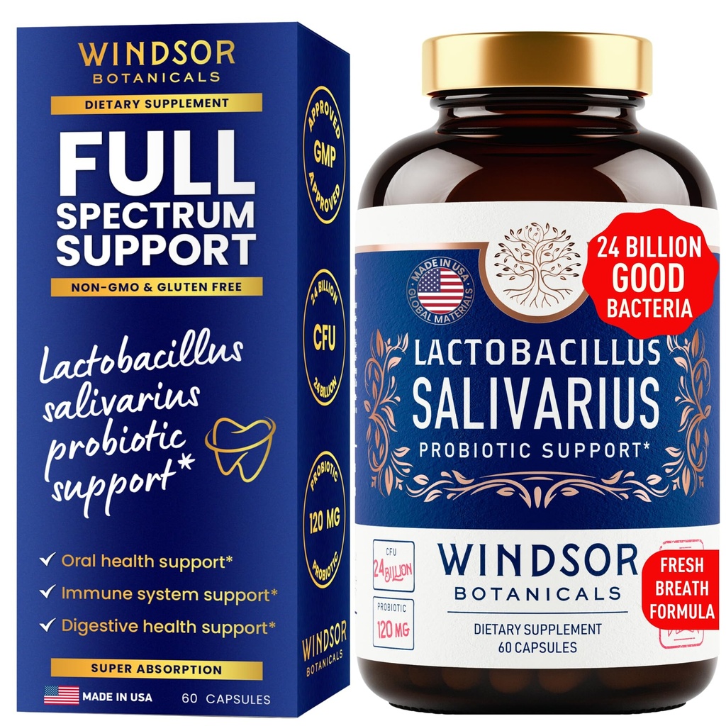 Lactobacillus Salivarius Probiotic - 24bn CFU L Salivarius Οδοντιατρικά προβιοτικά για τα δόντια και τις τσίχλες - Κακή θεραπεία αναπνοής για ενήλικες, ανοσοποιητική υποστήριξη, Digestive Health - 60 στοματικά προβιοτικά καψάκια