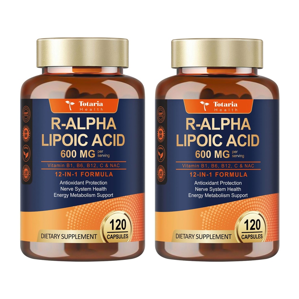 Totaria (2 Packs) R Alpha Lipoic Acid 600mg - Stabilized ALA Supplement for Neuropathy Support Capsules, Nerve Health, Nervous System and Antioxidant, Non-GMO, Gluten Free, Vegan Safe 120 Counts