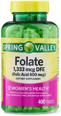 Spring Valley Folate 1,333 mcg DFE, Folic Acid 800 mcg, 400 Tablets - Dietary Supplement, Women's Health Boost, Metabolism & Heart Support - Bundle with+ Sticker VSL Store