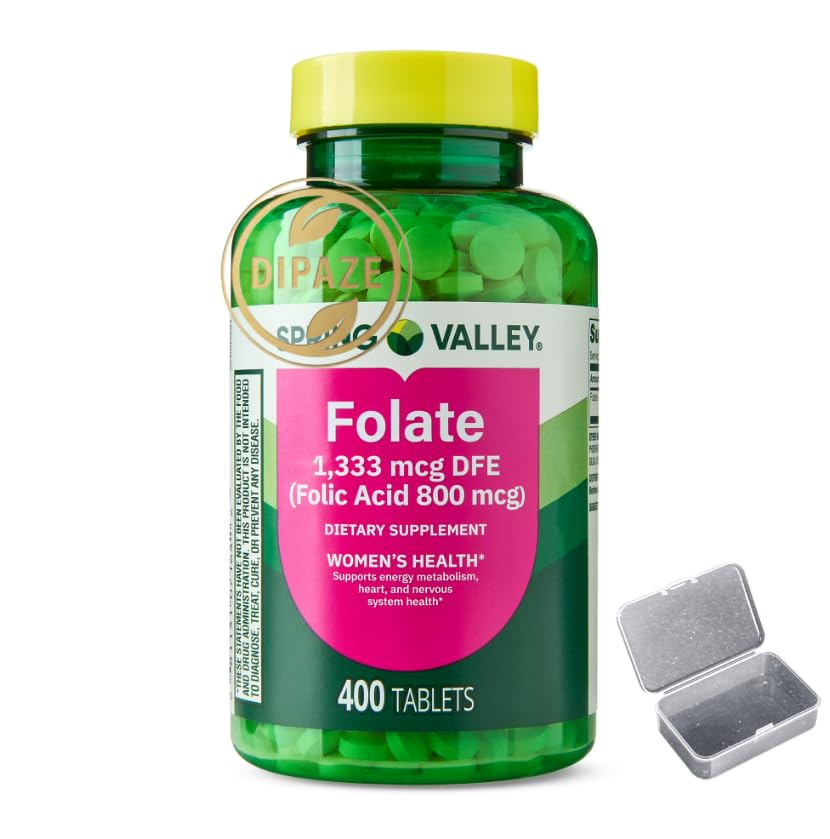 Spring Valley Folate Dietary Supplement 1,333 mcg | High Potency Folate | 400 Tablets + Dipaze Gift (Container)
