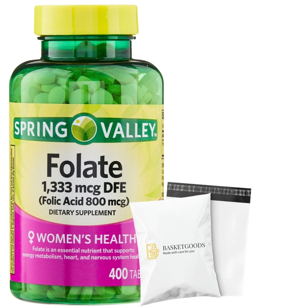 Spring Valley Folate Dietary Supplement, 1,333 mcg DFE, 400 Count, Folate Supplement for Women Pregnancy, Folic Acid 800 Set with Basket Goods Store