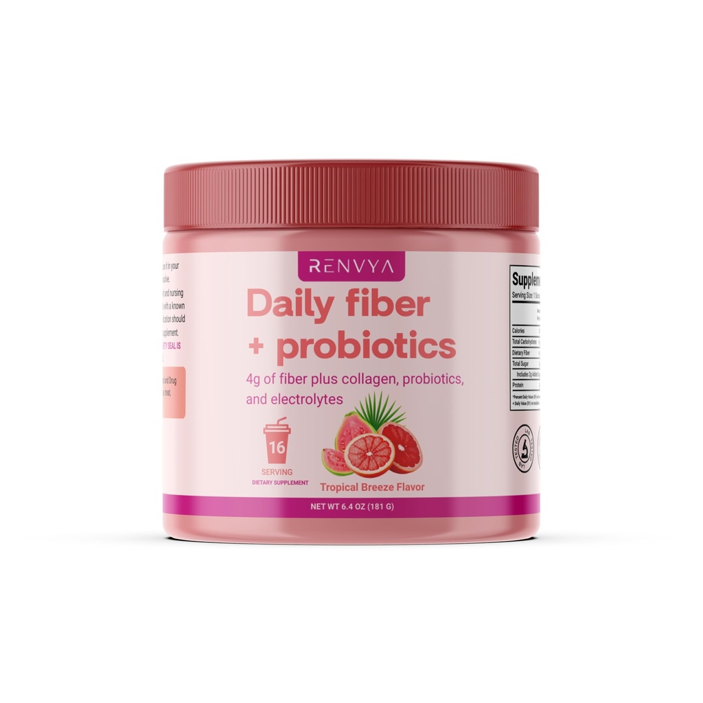 Daily Fiber + Probiotics Powder – 4g Fiber with Collagen, Electrolytes & Probiotics – Tropical Breeze Flavor – Daily Drink Mix for Adults – 16 Servings, 6.4 oz