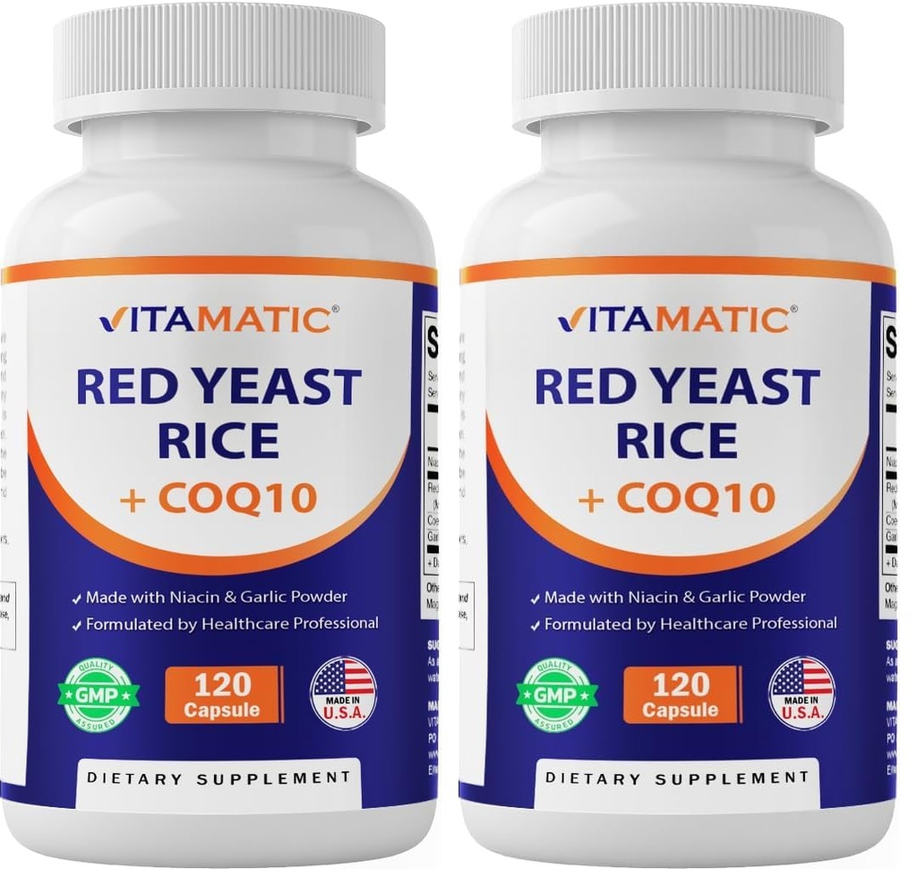 Vitamatic Citrinin-Free Red Yeast Rice 1200 mg. Capsules with CoQ10 100mg, Flush Free Niacin 100mg, & Garlic Powder 20mg - 120 Veg Capsules (Pack of 2)