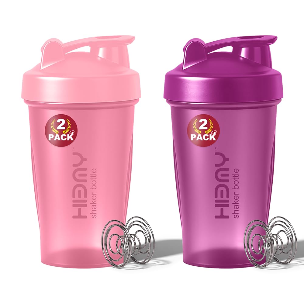 [ 2 Pack 400 ml / 12 OZ Protein Shaker Bottles for Protein Mixes, 2 x Whisk Ball | Shaker Cups for Protein Shakes | BPA Free, 100% Leak Proof, No Smell | Small Shake Bottle (H) Pink/Purple
