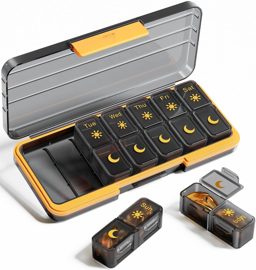 AM PM Pill Organizer 2 φορές την ημέρα, 7 ημέρα Χάπια κουτί Εβδομαδιαία Pill Organizer Ταξίδι με Χωριστό δοχείο, Φορητή Ημερήσια Ιατρική Planner θήκη για βιταμίνη, ιχθυέλαια, συμπληρώματα (BlackGold)