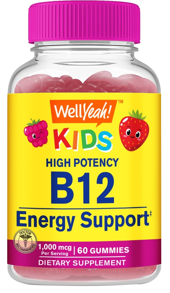 WellYeah Vitamin B12 Gummies for Kids - Boost Energy, Improve Brain Function, and Strengthen Immune System - Non-GMO, Gluten-Free - Great Tasting Berry Flavor - Easy to Chew - 60 Gummies