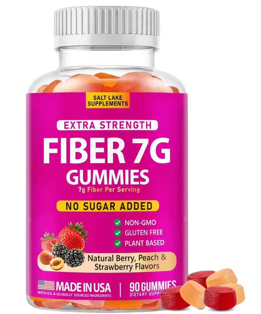 Extra Strength Fiber Gummies 7g Per Serving – Sugar Free, Plant Based Prebiotic Fiber Supplement – Digestive & Gut Health Support – Natural Berry, Peach & Strawberry Flavors – 90 Gummies