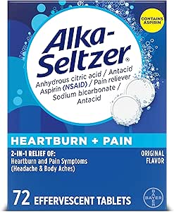Alka-Seltzer Heartburn + Pain Effervescent Aspirin + Antacid Tablets, Fast Heartburn Relief and Acid Indigestion Relief, Pain Relief with Aspirin, 72 Ct