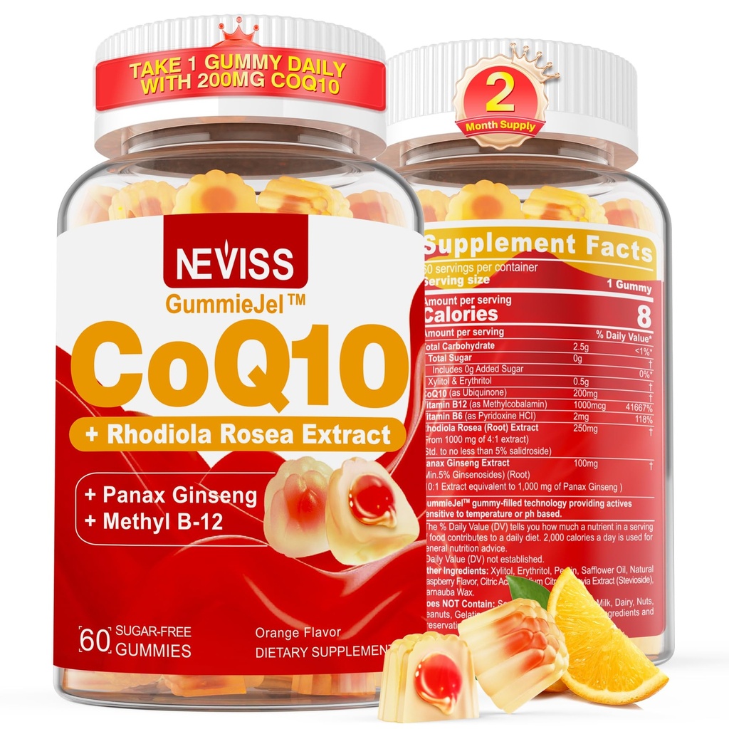 Χωρίς ζάχαρη CoQ10-200mg 400mg Filled Gummies - 2 Μήνες Προσφορά - w/ Βιταμίνη B12 1000mcg, Rhodiola Rosea & Panax Ginseng, B6, Συμπληρώματα Συνένζυμου Q10 για Hear-t, Ενέργεια, Αντιοξειδωτικό, Εξαιρετικά Απορρόφηση