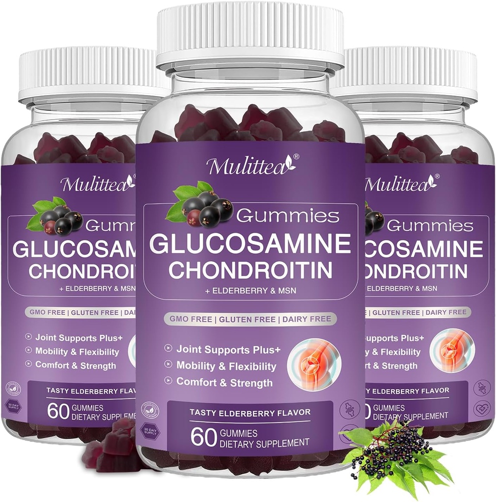 Mulittea Glucosamine Chondroitin Gummies - Πρόσθετη ενίσχυση από κοινού συμπλήρωμα υποστήριξης με MSM & Elderberry για τη φυσική κοινή, αντιοξειδωτική ανοσοποιητική υποστήριξη για ενήλικες, άνδρες και γυναίκες-(3 Pack)