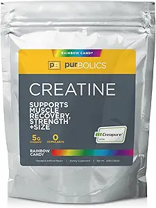 Purbolics Creapure Creine Monohydrate, Micronized Createine 5g, Αυξημένη απόδοση προπόνησης και ανάκτησης, δύναμη κατασκευής, Enhance Pumps (50 σέρβις, Rainbow Candy)