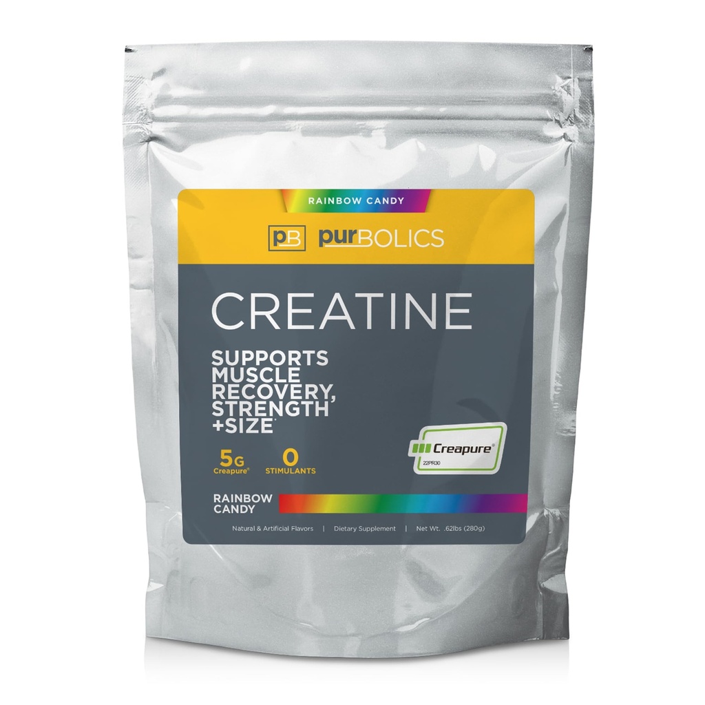 Purbolics Creapure Creine Monohydrate, Micronized Createine 5g, Αυξημένη απόδοση προπόνησης και ανάκτησης, δύναμη κατασκευής, Enhance Pumps (50 σέρβις, Rainbow Candy)