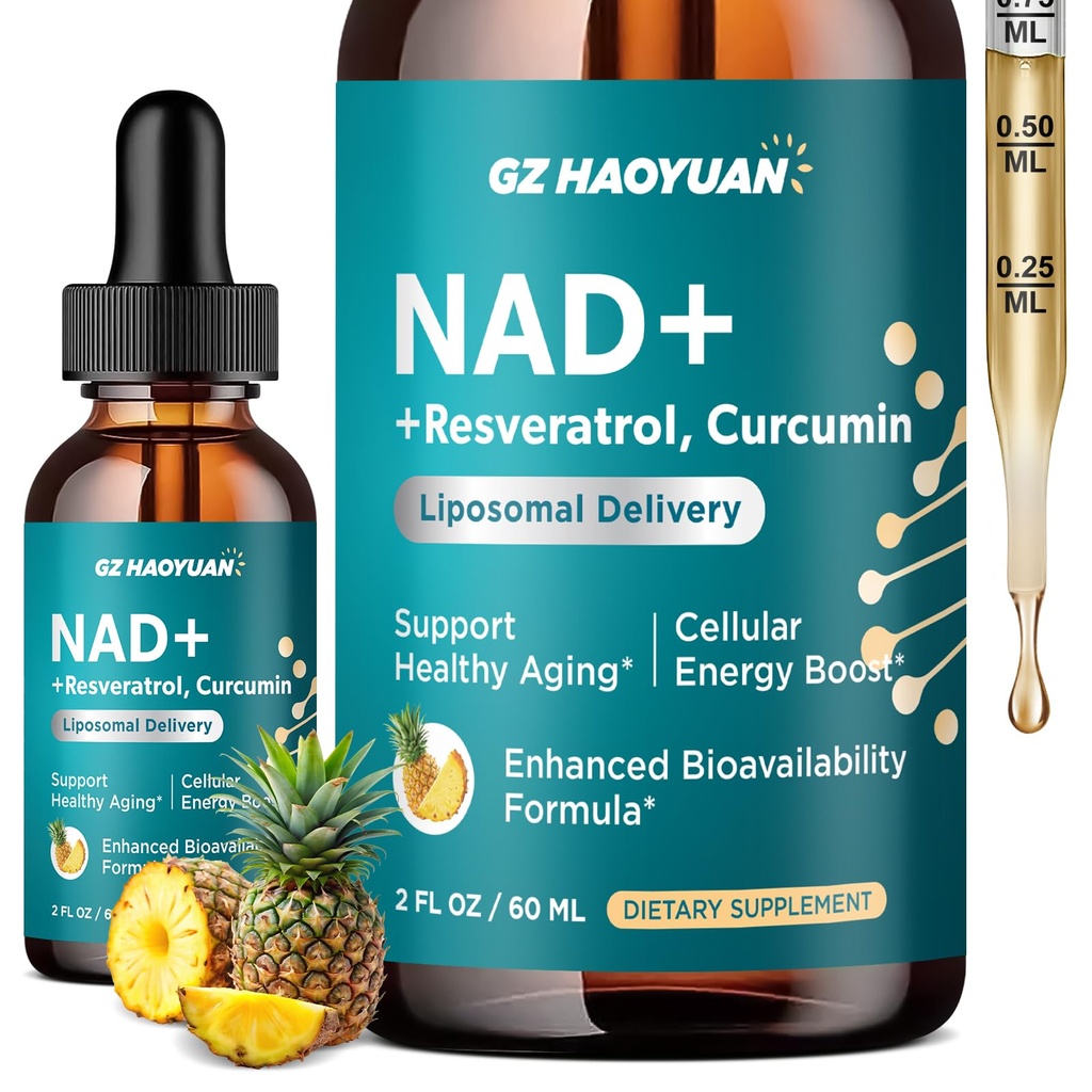 NAD Liquid Supplement for Women, Liposomal NAD+ Drops 1200MG with NAD Plus Resveratrol, Tmg, Quercetin, Anti-Aging, Cell Regeneration, Energy & Metabolism Support, Pineapple Flavor