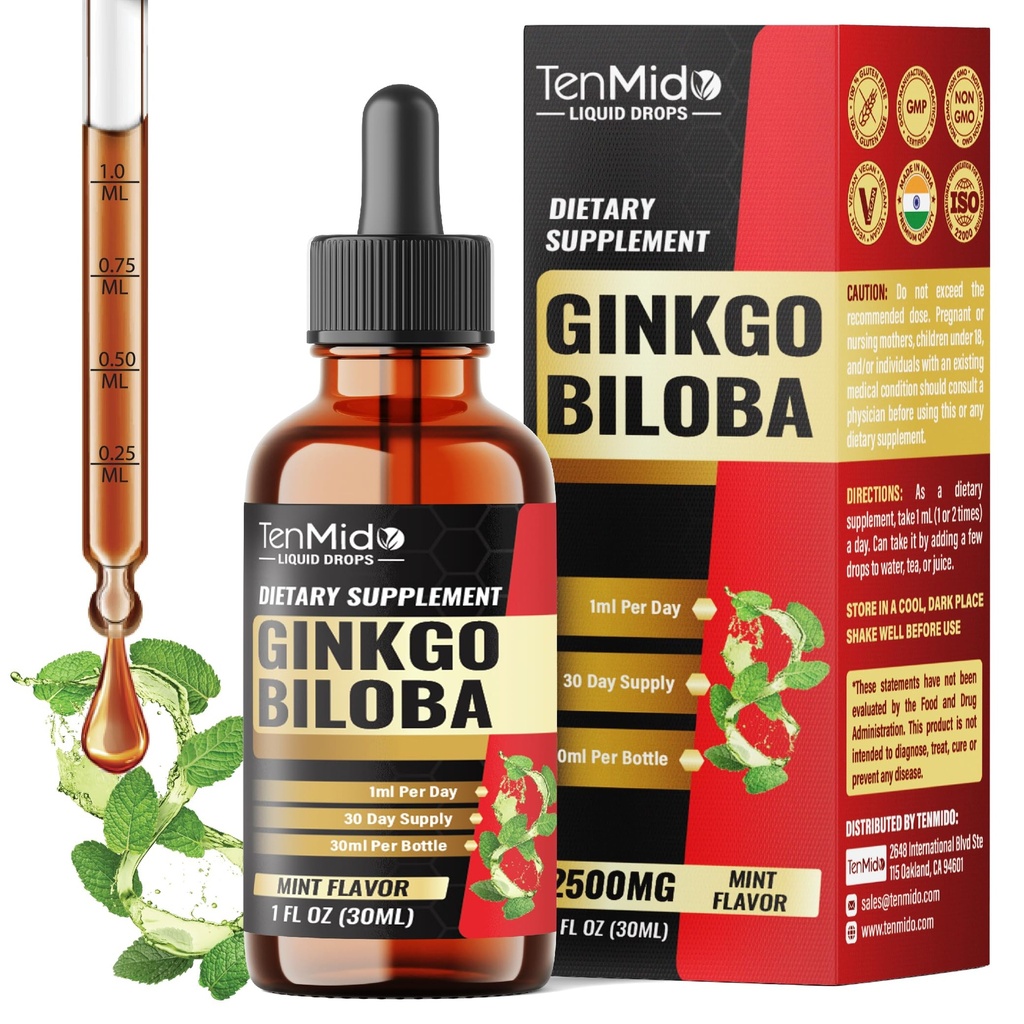 Ginkgo Biloba 2500mg - Herbal Extract Liquid Supplement | Alcohol-Free, Vegan, Non-GMO - 30ml 1 Fl OZ