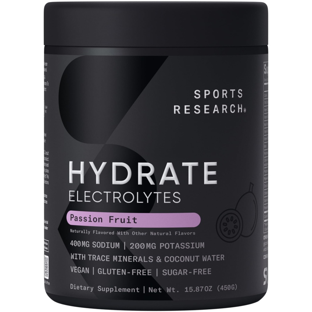 Sports Research® Hydrate Electrolytes Powder - Sugar-Free & Φυσικά αρωματισμένο με Βιταμίνες, Ορυκτά και Νερό καρύδας - Υποστηρίζει Ενυδάτωση - Πάθος Φρούτα - 90 Σερβιέτες