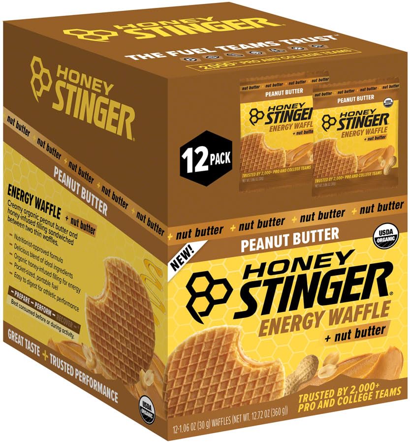 Honey Stinger Organic Peanut Butter Waffles - USDA Certified, Kosher, Natural Energy Snack, Gluten-Free, No Artificial Flavors or Preservatives, Convenient Box of 12 for Athletic & Outdoor Use