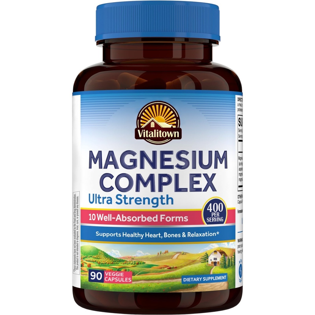 Vitalitown 10 in 1 Magnesium Complex Supplement - 400mg Στοιχειώδες Μαγνήσιο Χηλικό με Γλυκινικό, Κιτρικό, Κακό, Ταυρικό & Περισσότερα - για την ενέργεια καρδιάς ύπνου - Μη ΓΤΟ, Vegan, 90 Caps