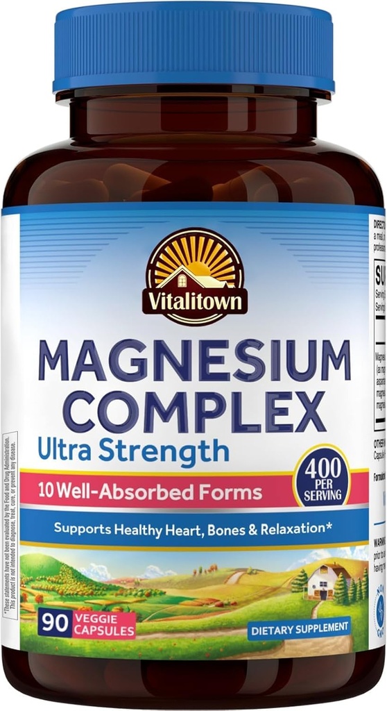 Vitalitown 10 in 1 Magnesium Complex Supplement - 400mg Στοιχειώδες Μαγνήσιο Χηλικό με Γλυκινικό, Κιτρικό, Κακό, Ταυρικό & Περισσότερα - για την ενέργεια καρδιάς ύπνου - Μη ΓΤΟ, Vegan, 90 Caps