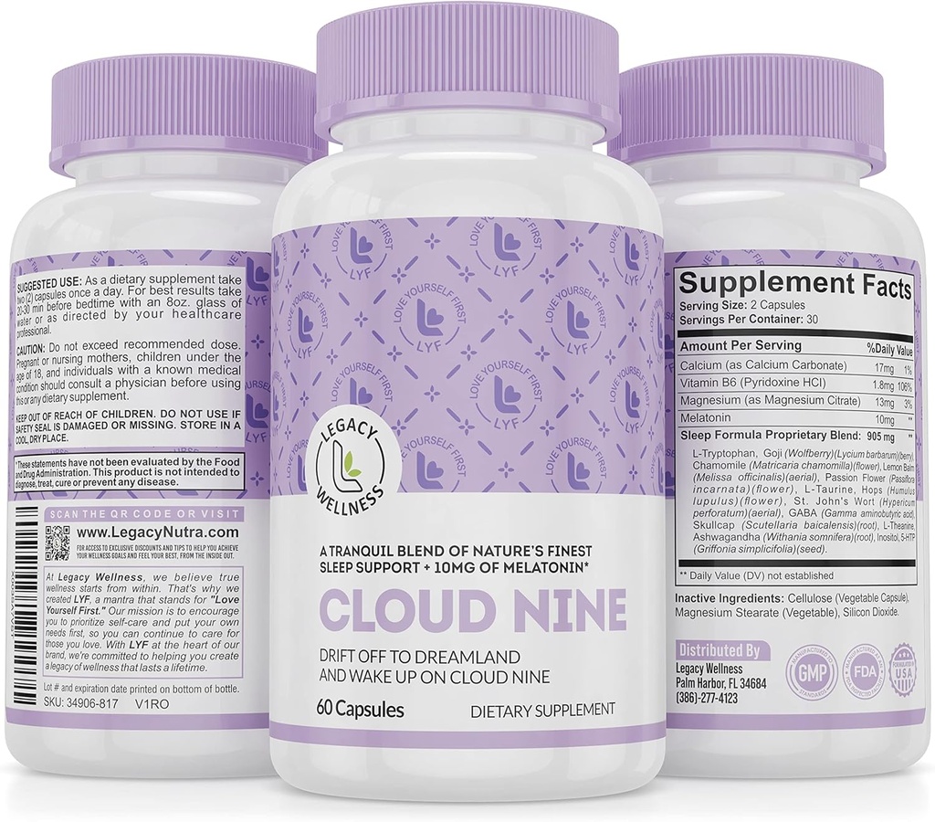 Cloud 9 - All Natural Sleep Aid Supplement - Relaxing Vitamin & Herbal Formula - 10mg Μελατονίνη Ασβέστιο Μαγνησία L-Θεανίνη 5-HTP GABA St. John's Wort Ashwagandha Χαμομήλι & More 60 Vegan Κάψουλες