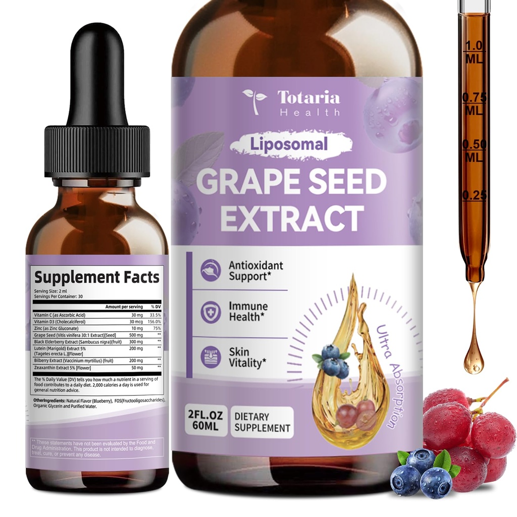 Totaria Grape Seed Extract Liquid Drops | High Potency 95% Polyphenols Antioxidant Supplement for Skin, Heart & Immune Support | Vegan, Gluten Free | Alcohol-Free & Non-GMO | 2FL