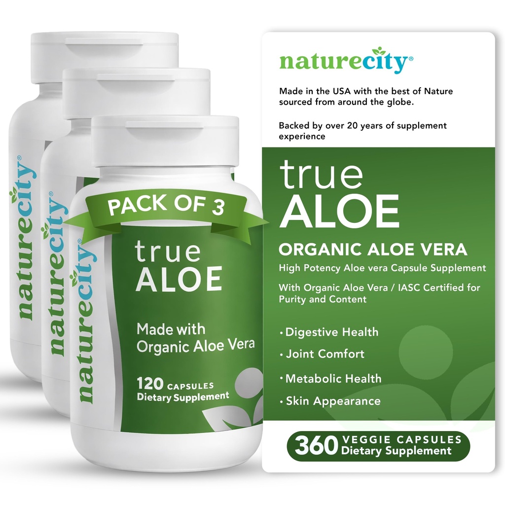 NatureCity TrueAloe Organic Aloe Vera Capsules - Supports Digestive Balance, Joints and Stomach Comfort - Plant-Based Aloe Barbadensis Powder - Easy-to-Swallow Single Ingredient Formula - 360 Caps