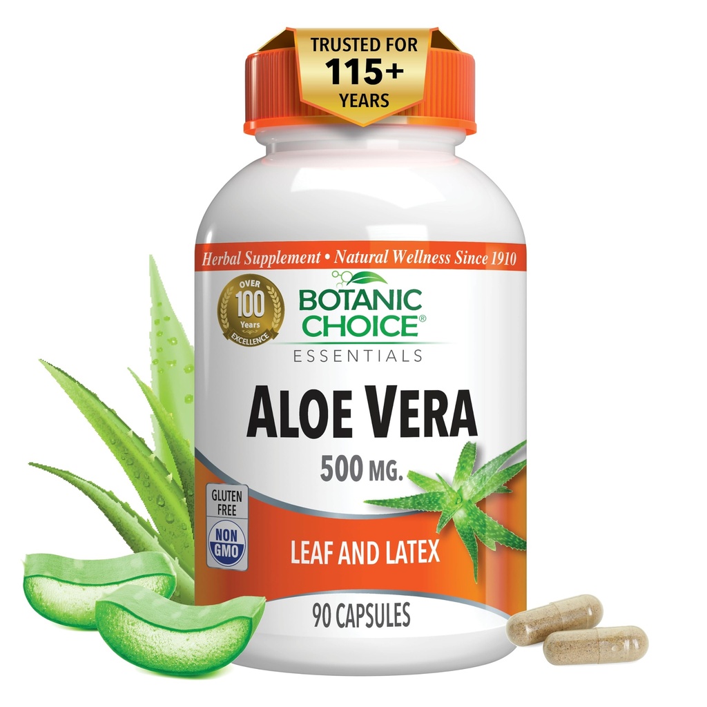 Aloe Vera- Leaf and Latex, Digestive, Liver, Stomach health-Contains Amino Acids, Vitamins, Minerals, Enzymes- 500mg-Gluten Free, Non-GMO-90 capsules