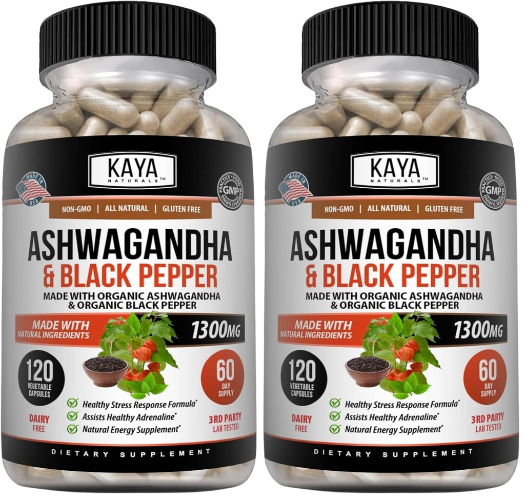 Kaya Naturals Ashwagandha 1300mg, 120 Count Capsules for Stress Relief, Adrenal, Mood & Thyroid Support, Black Pepper and 100% Pure Ashwagandha -120 Capsules (Pack of 2)
