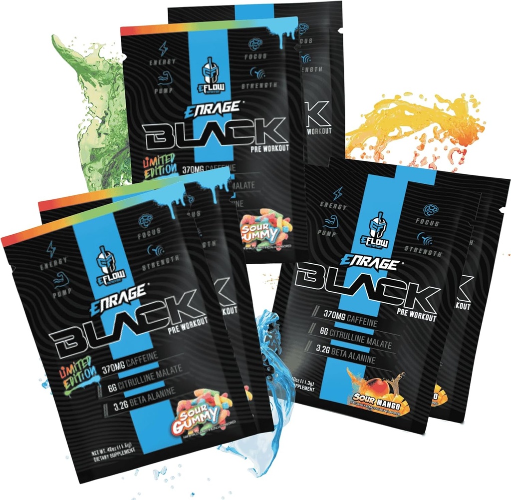 eFlow Nutrition ENRAGE Black Preworkout δειγματοληπτικές συσκευασίες - ταξιδιωτικές συσκευασίες - High Stim Energy, Αντλία, Δύναμη, Αντοχή, Εστίαση, Nootropic Formula - Sour Gummy & Sour Mango Flavor (6 συσκευασίες)