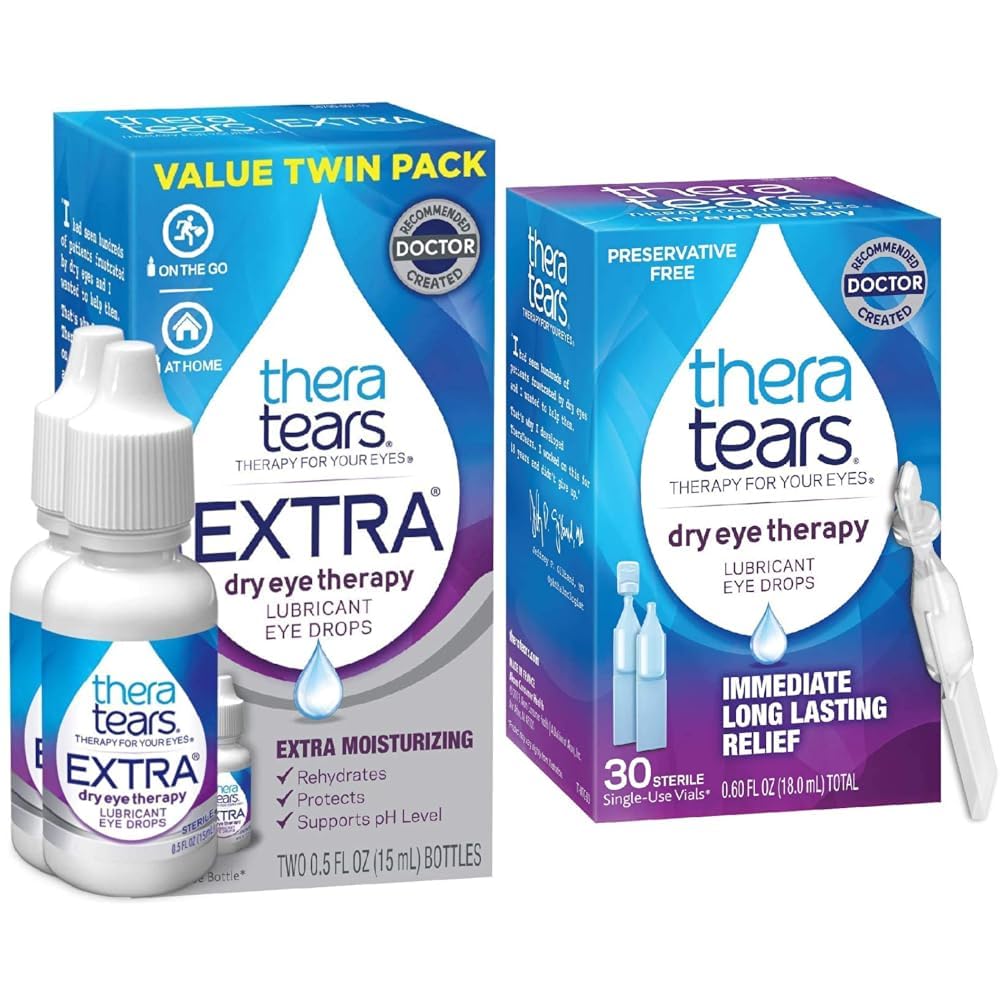 TheraTears Extra Dry Eye Therapy Lubricating Eye Drops for Dry Eyes, 0.5 fl oz Bottle & Dry Eye Therapy Lubricating Eye Drops for Dry Eyes, Preservative Free Eye Drops