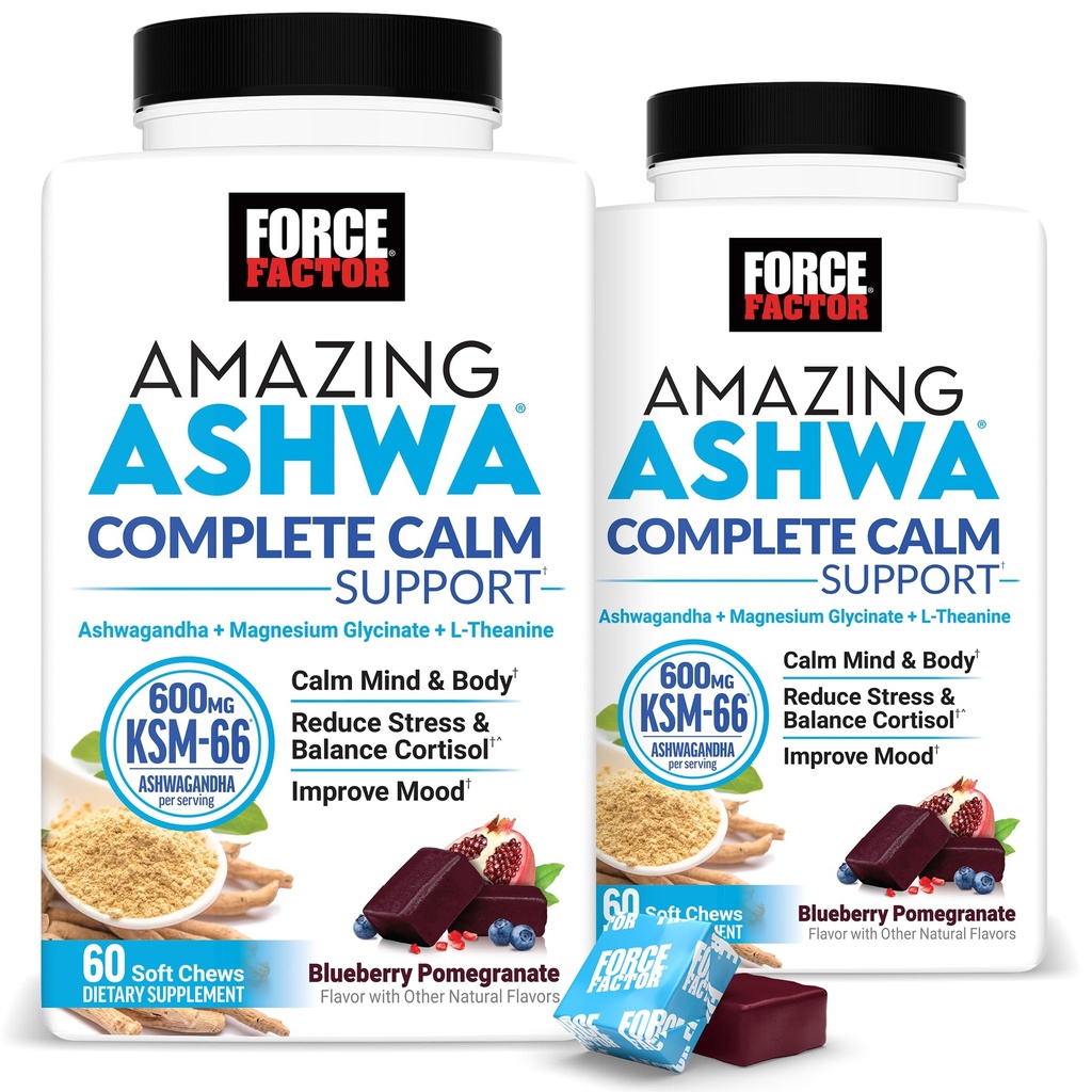 Force Factor Amazing Ashwa Complete Calm Support, KSM-66 Ashwagandha, Like Ashwangandha Gummies to Promote Calm & Relaxation with Magnesium & L-Theanine, Blueberry Pomegranate, 120 Soft Chews, 2-Pack