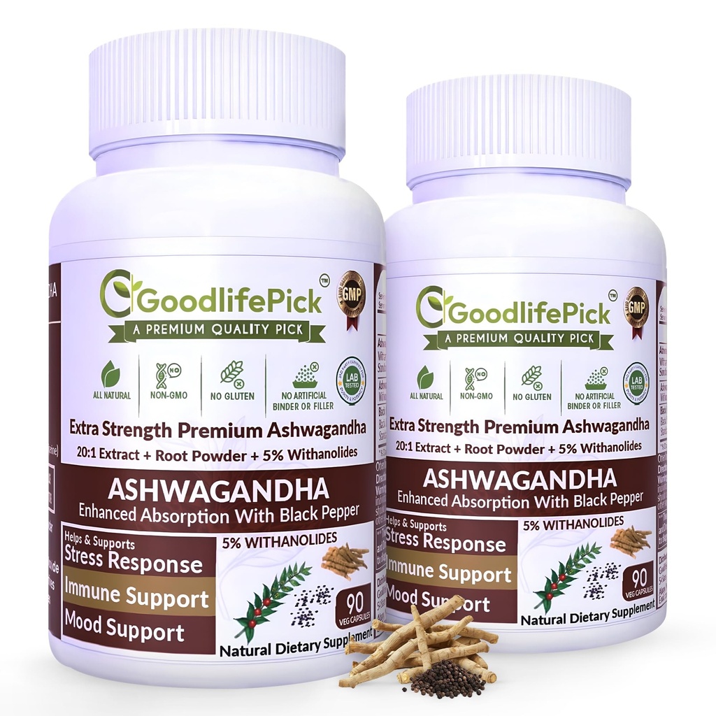 Ashwagandha Capsules with Black Pepper from 5% Withanolides, 20:1 Ashwagandha Extract & Powder AllNatural NonGMO No Rice Powder No Stearate No Filler 90 Capsules (Pack of 2)