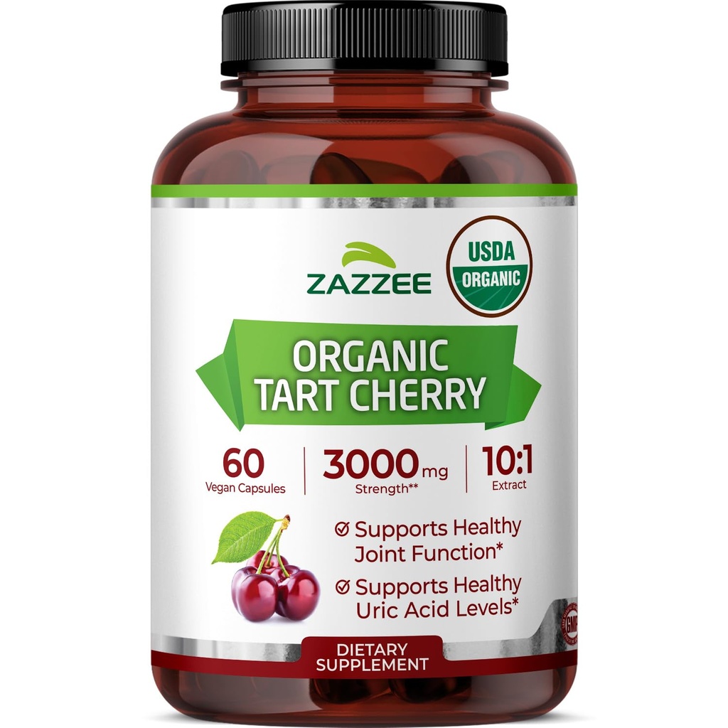 Zazzee USDA Organic Tart Cherry 10:1 Extract, 60 Vegan Capsules, 2 Month Supply, Montmorency Cherry, Daily Wellness Antioxidant Support, Organic Herbal Supplement, All-Natural, Non-GMO, Made in USA