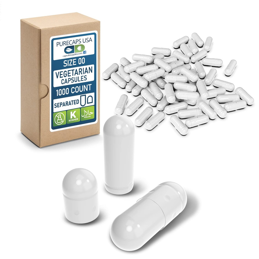 PureCaps USA - Empty Vegetarian Vegan Pill Capsules Size 00| 1,000 Separated Pills| White| Non-GMO Certified | SLS, Gluten, Preservative Free