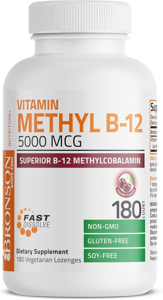 Bronson Methyl B12 5000 mcg Βιταμίνη B12 Methylcobalamin Ενέργεια & Υποστήριξη εγκεφάλου, 180 Lozenges