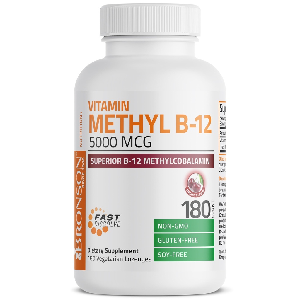Bronson Methyl B12 5000 mcg Βιταμίνη B12 Methylcobalamin Ενέργεια & Υποστήριξη εγκεφάλου, 180 Lozenges