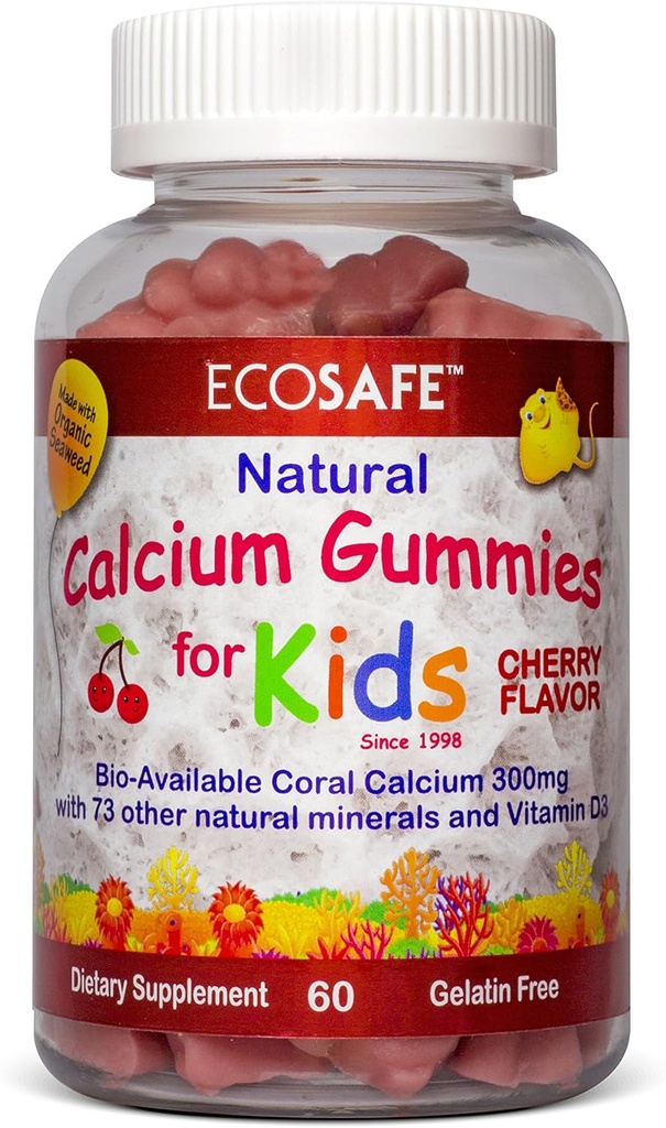 ECO SAFE Coral Calcium Vitamin D3 Kids Gummy, Natural Cherry Flavor, Non GMO, Gluten-free, Dairy-Free, Soy-Free and Gelatin Free - 300 mg ασβεστίου, και 800 IU βιταμίνης D3-60 Gummies (2 Pack)