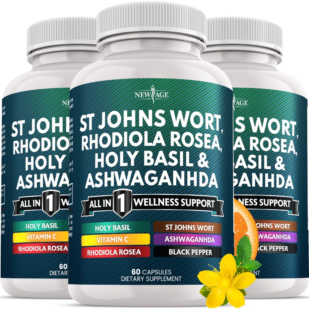 NEW AGE St Johns Wort, Rhodiola Rosea, Holy Basil, Ashwagandha - Support for Women and Men with Vitamin C & Black Pepper Extract - 180 Count