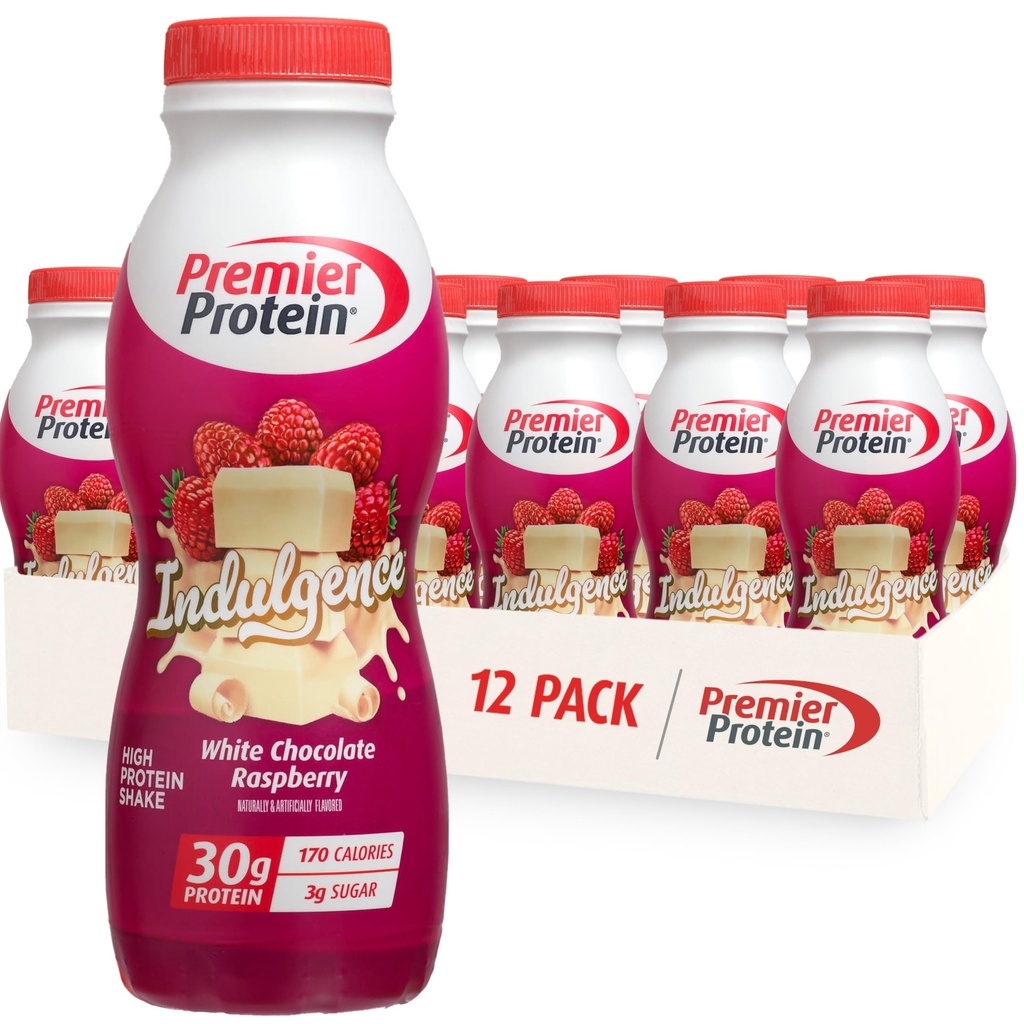 Premier Protein Shake INDULGENCE, White Chocolate Raspberry, 30g Protein, 170 Calories, 3g Sugar, 11.5 fl oz, 12 Pack (Packaging May Vary)
