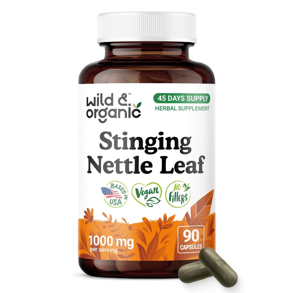 Wild & Organic Stinging Nettle Leaf Capsules - 1000 mg Stinging Nettle Extract - 90 Vegan Herb Capsules - 45 Days Supply - Vegan, No Fillers