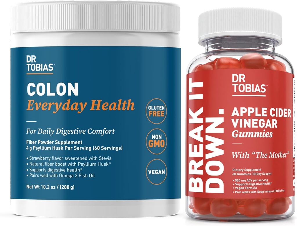 Dr. Tobias Apple Cider Vinegar Gummies & Colon Everyday Health - Καθημερινή Digestive, Detox και Cleanse Υποστήριξη με ACV Gummies & Psyllium Husk Powder