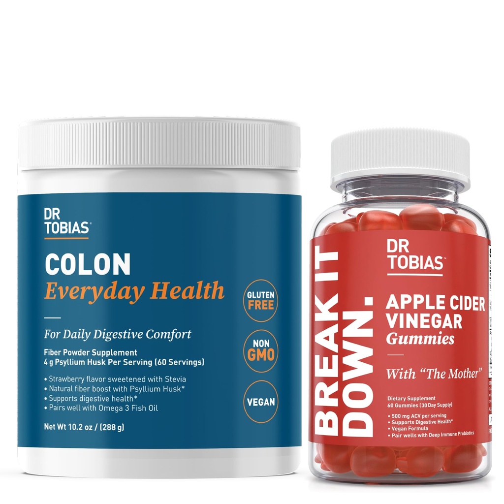 Dr. Tobias Apple Cider Vinegar Gummies & Colon Everyday Health - Καθημερινή Digestive, Detox και Cleanse Υποστήριξη με ACV Gummies & Psyllium Husk Powder