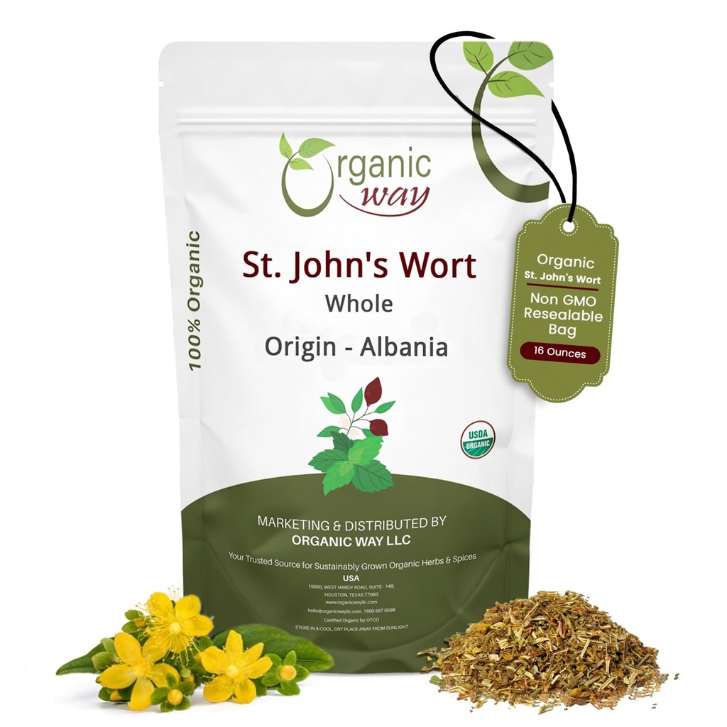 Organic Way St. John's Wort Whole (Hypericum perforatum) - Herbal Tea | European Wild-Harvest | Organic, Kosher & USDA Certified | Vegan, Non GMO & Gluten Free | Origin - Albania (1LBS / 16Oz)