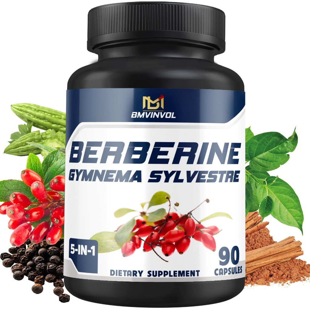 BMVINVOL 5-in-1 Berberine Supplement with Ceylon Cinnamon, Gymnema Sylvestre, Bitter Melon & Black Pepper - (90 Count)